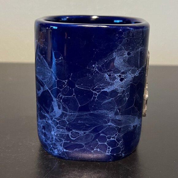 Cobalt Blue Bubble Glaze Marbleized Mug ~ Pewter Medallion w/ Moose  ~ LINYI - Picture 3 of 13